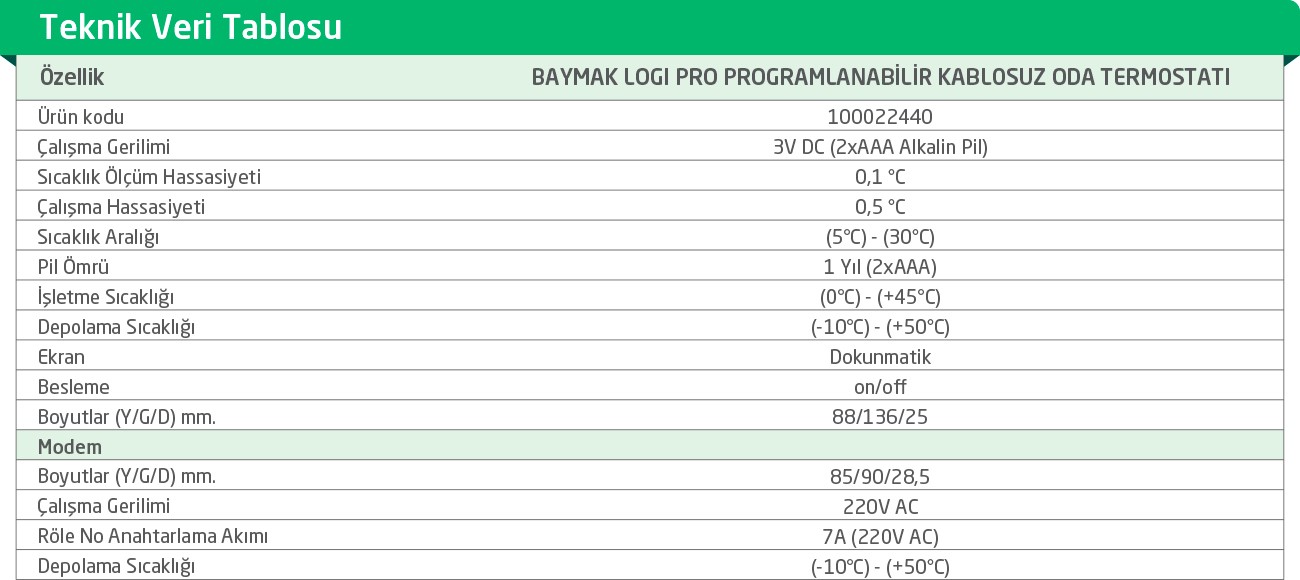 BAYMAK LOGI PRO PROGRAMLANABİLİR KABLOSUZ ODA TERMOSTATI TEKNİK ÖZELLİKLERİ