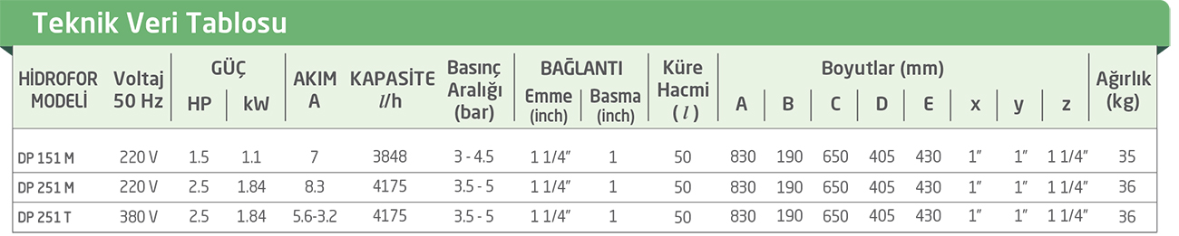 DP – KENDİNDEN EMİŞLİ HİDROFOR TEKNİK ÖZELLİKLERİ