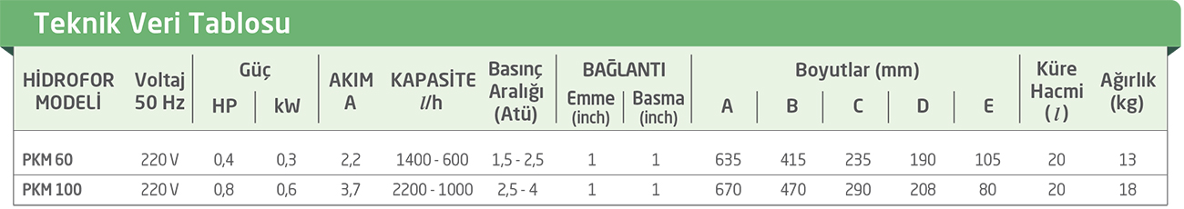 PKM SERİSİ PAKET HİDROFOR TEKNİK ÖZELLİKLERİ