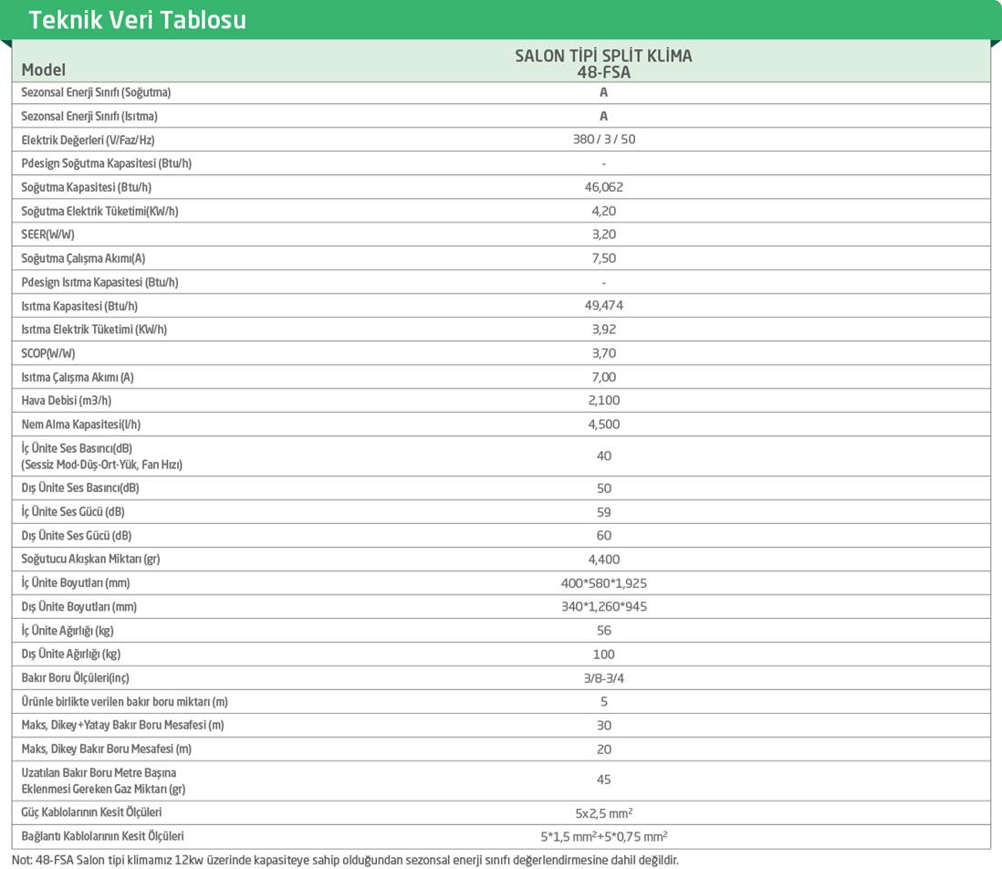 BAYMAK FSA 48 SALON TİPİ SPLİT KLİMA TEKNİK ÖZELLİKLERİ